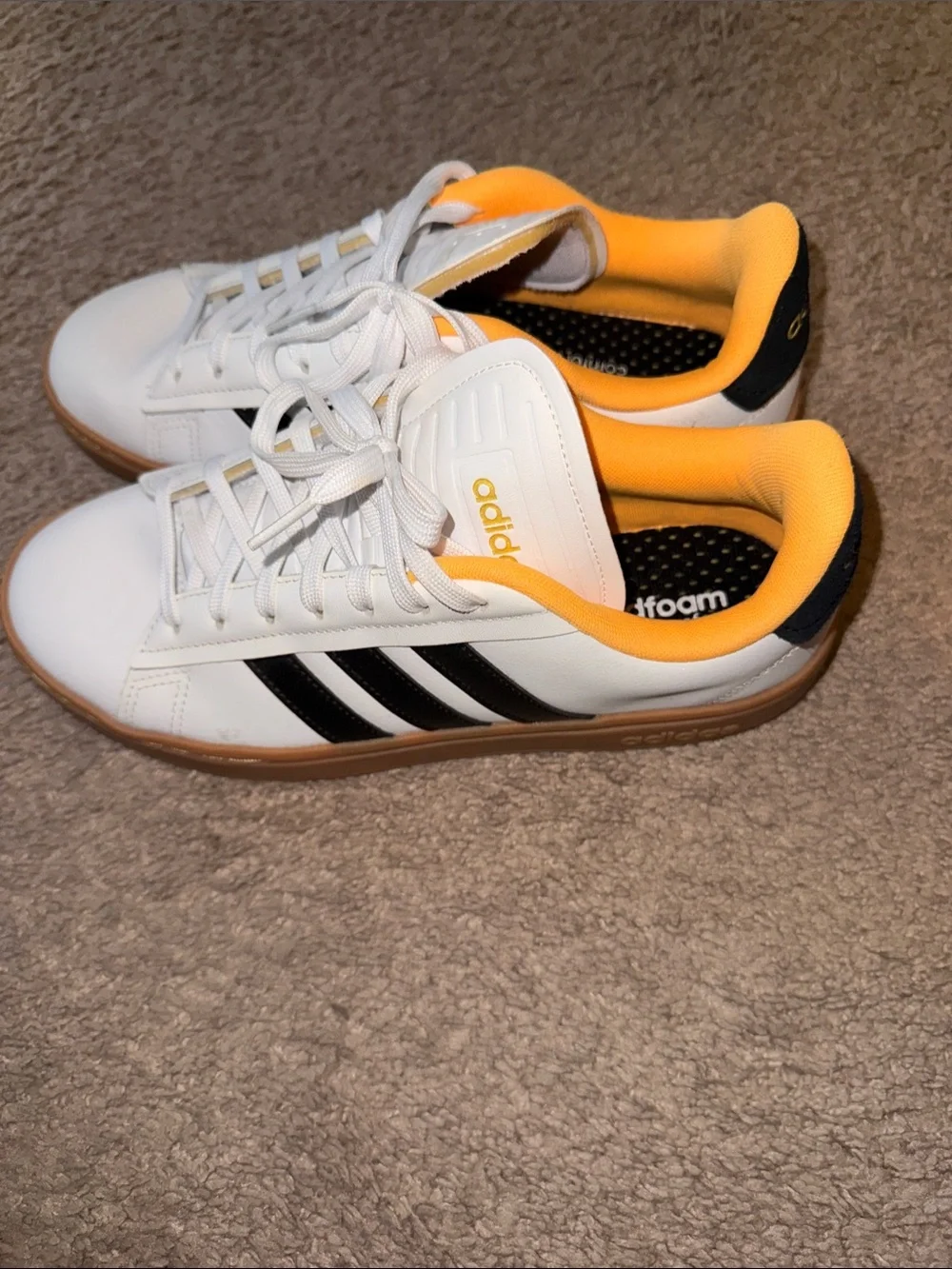 adidas White Sneakers with Black Stripes and Orange Lining